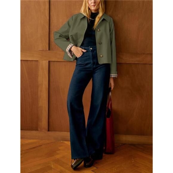 Women's Oversize Trench Coat Plaid Lining Lapel Button Down Casual Crop Jacket - Picture 4 of 8